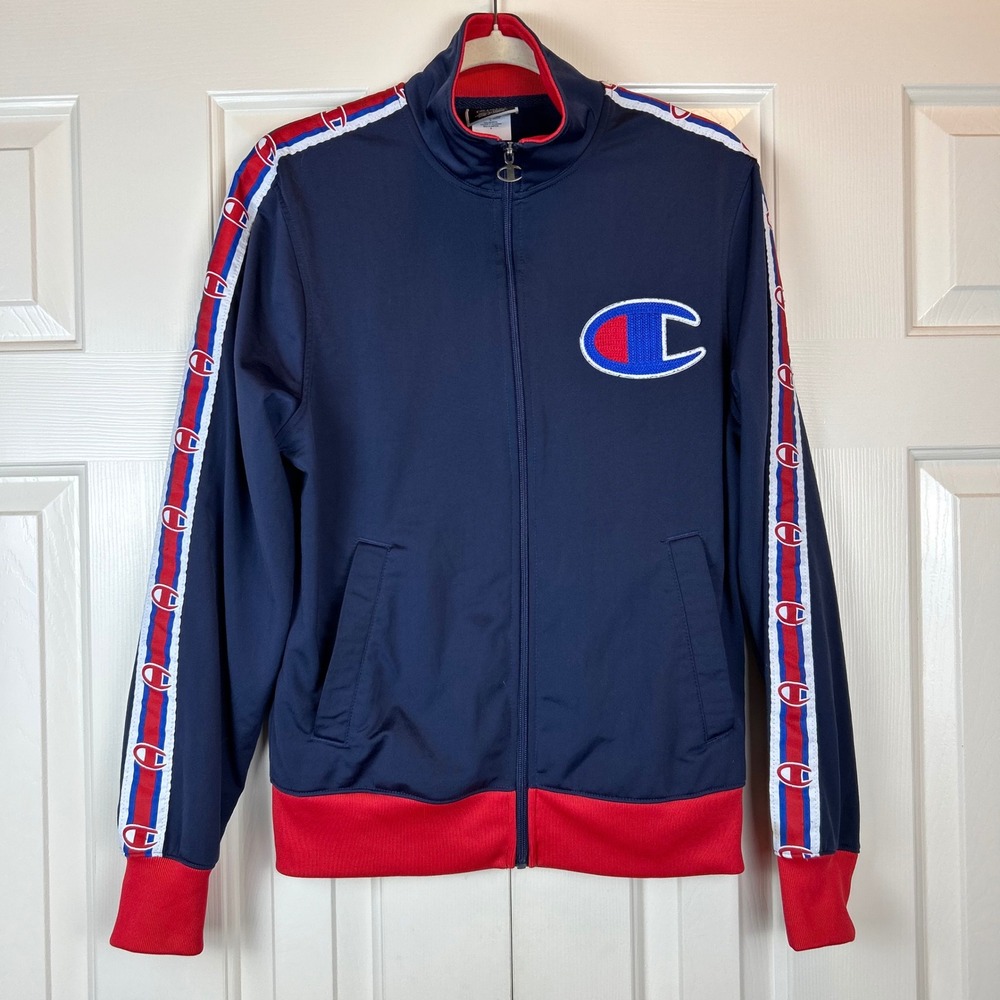Champion Mens Navy Red Big C Logo Tape Full Zip Track Jacket Small